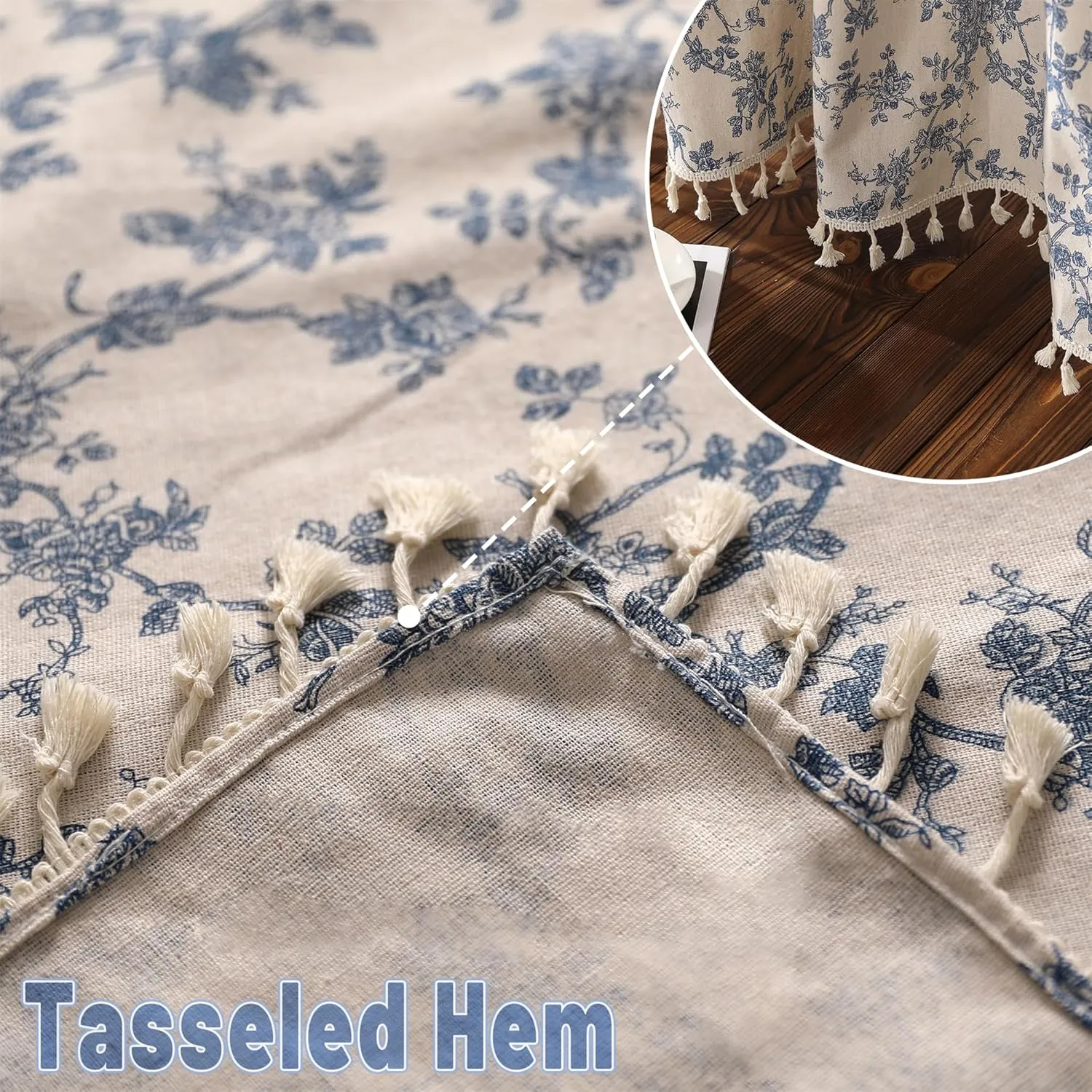 1 Pair Blue Floral Linen Curtains Rustic Country Style Light Filtering Rod Pocket Window Drapes Beige Tassels, 52" W x 63" L
