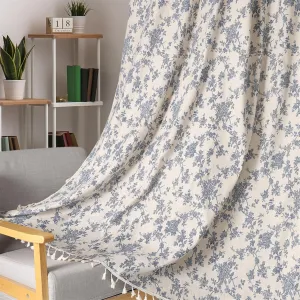 1 Pair Blue Floral Linen Curtains Rustic Country Style Light Filtering Rod Pocket Window Drapes Beige Tassels, 52" W x 63" L