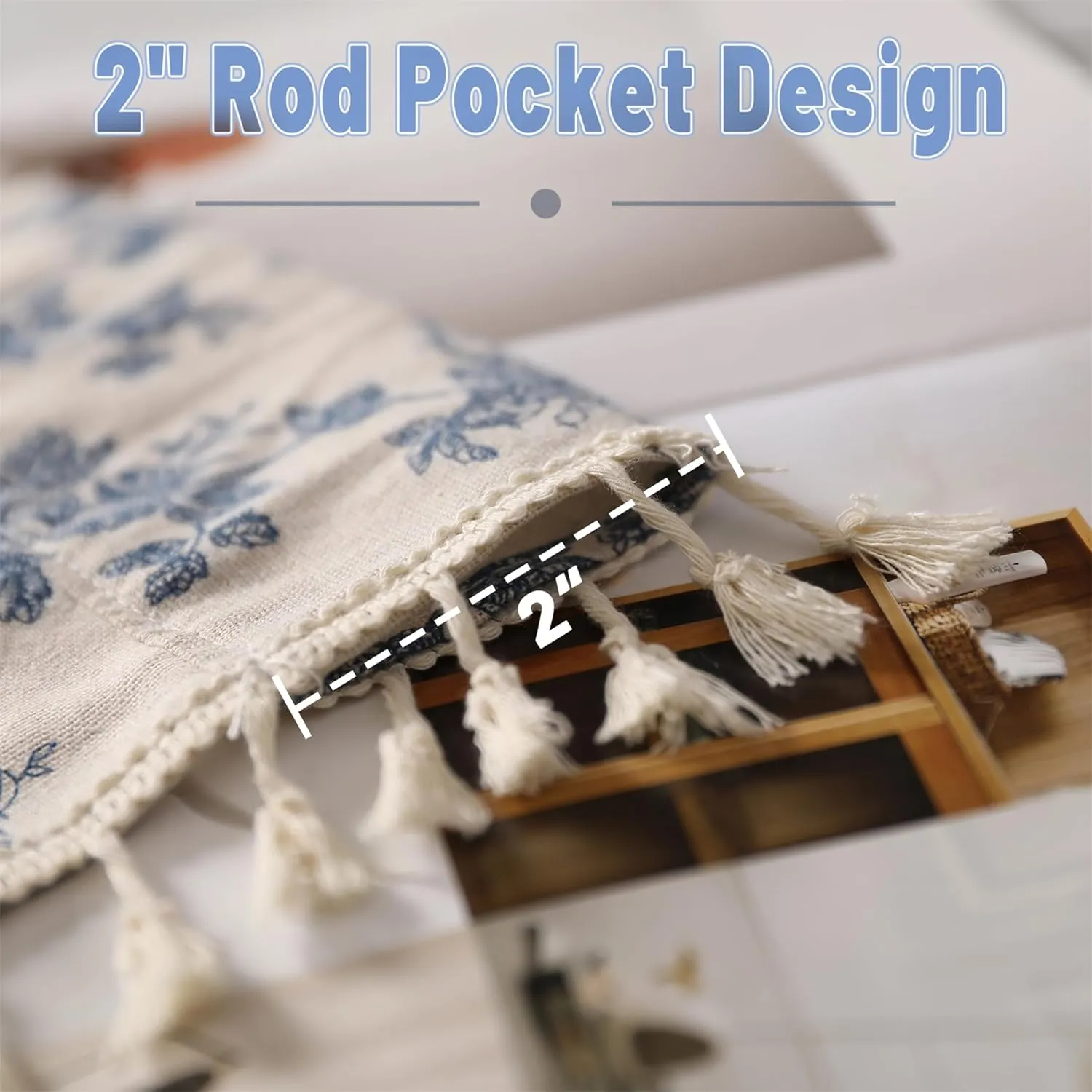 1 Pair Blue Floral Linen Curtains Rustic Country Style Light Filtering Rod Pocket Window Drapes Beige Tassels, 52" W x 63" L