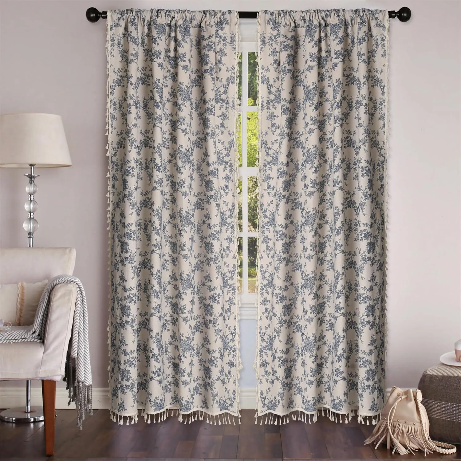 1 Pair Blue Floral Linen Curtains Rustic Country Style Light Filtering Rod Pocket Window Drapes Beige Tassels, 52" W x 63" L