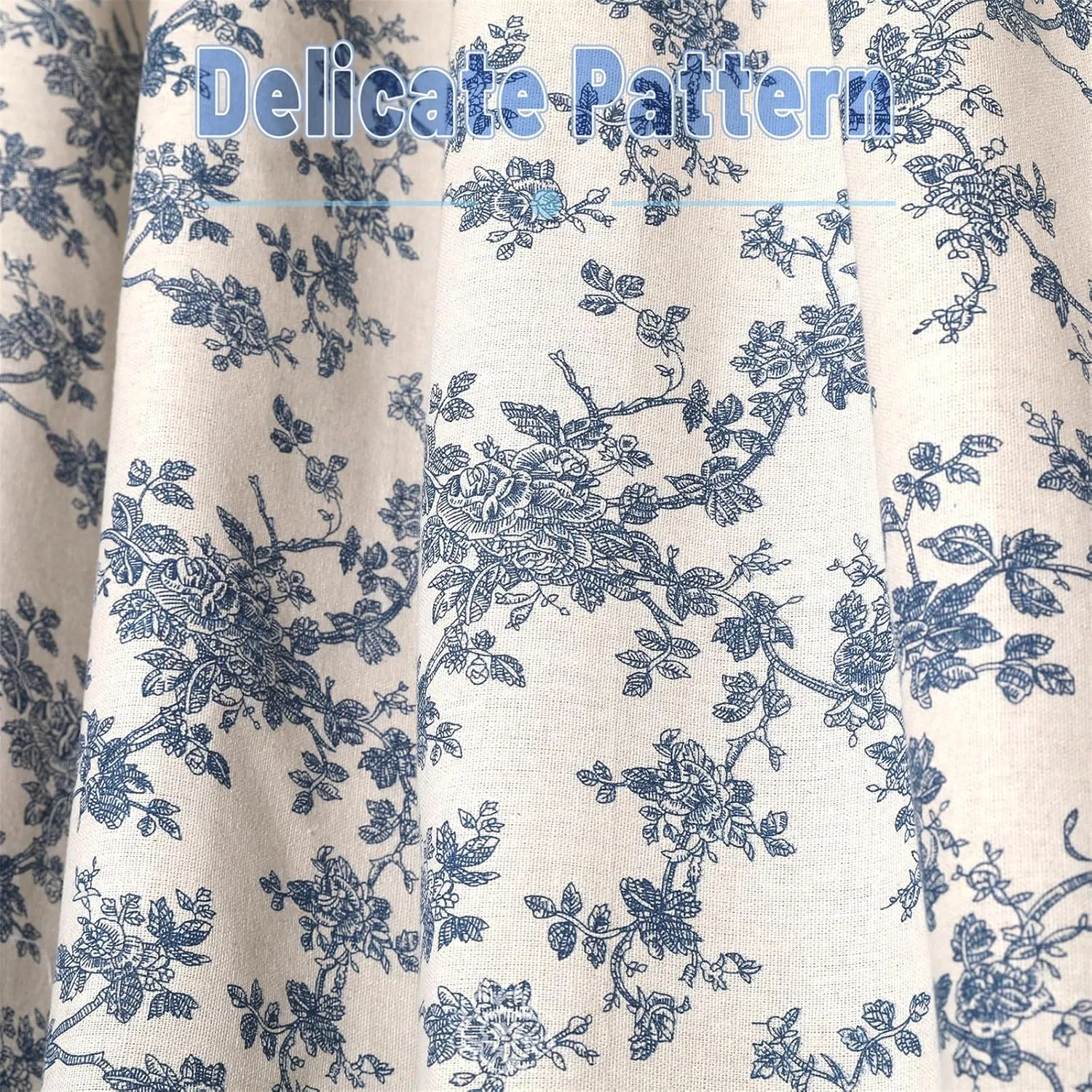1 Pair Blue Floral Linen Curtains Rustic Country Style Light Filtering Rod Pocket Window Drapes Beige Tassels, 52" W x 63" L