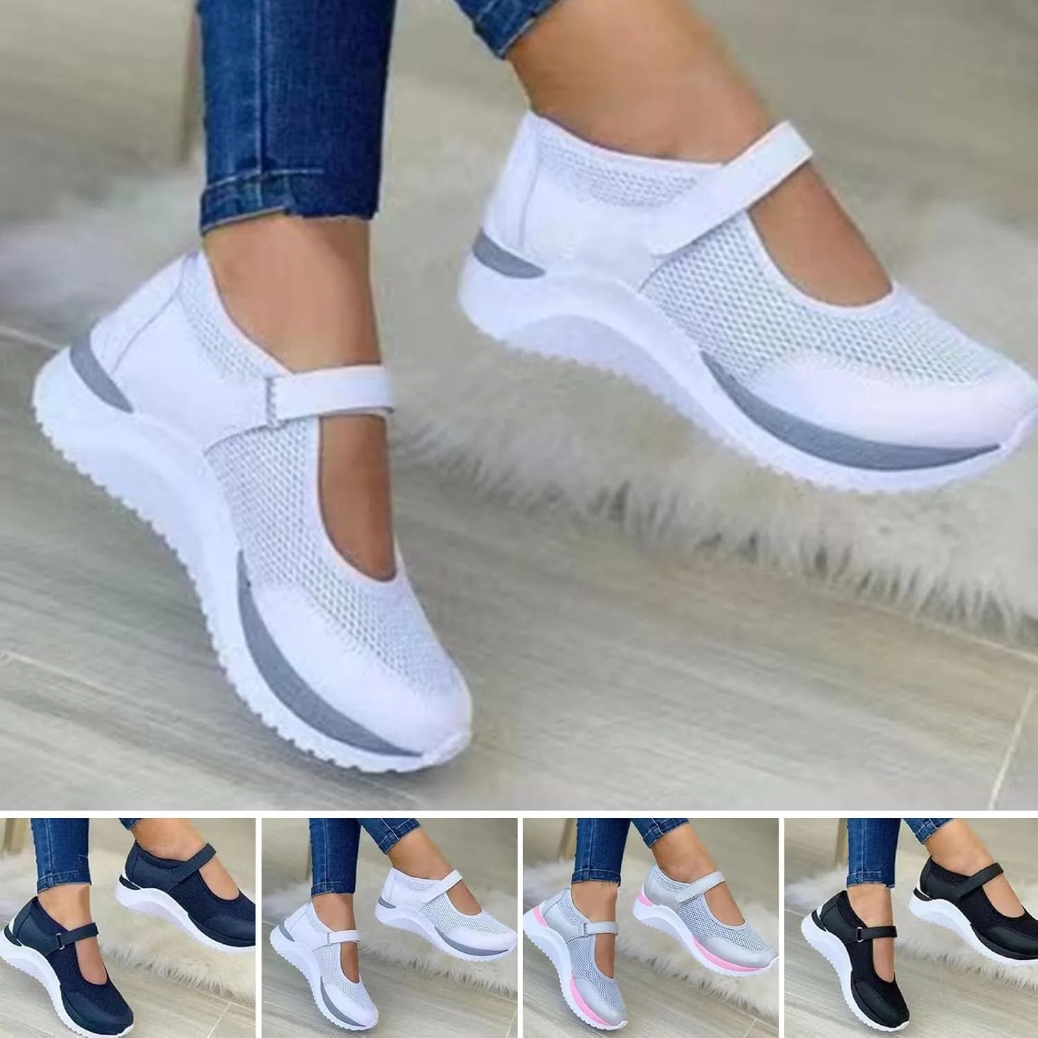 1 Pair Casual Shoes Flat-Bottom Non Slip Fastener Tape Thick Platform Plus Size Walking Breathable Mesh Wedge Sports Shoes Women Accessory Valentine's Day/Christmas/Birthday Gifts (White, 37 EU)