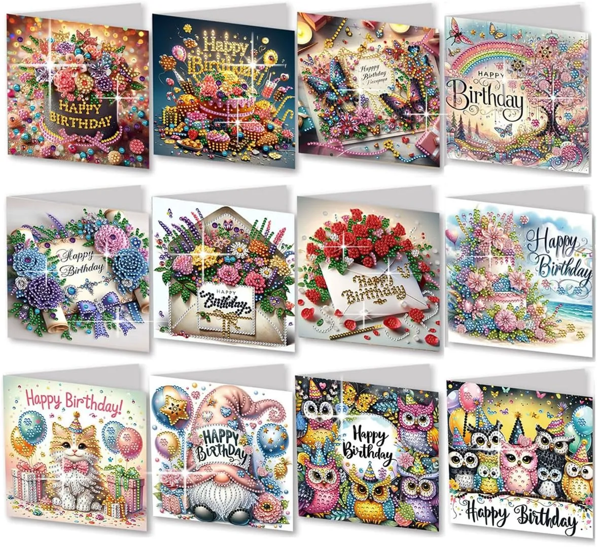 12 Pack Diamond Art Cards with Envelopes Kit for Adults, DIY 5D Diamond Painting Happy Birthday Card, Creative Craft Card Making Gift Idea for friends, Mom, Grandm
