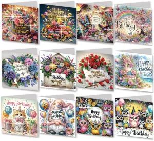 12 Pack Diamond Art Cards with Envelopes Kit for Adults, DIY 5D Diamond Painting Happy Birthday Card, Creative Craft Card Making Gift Idea for friends, Mom, Grandm