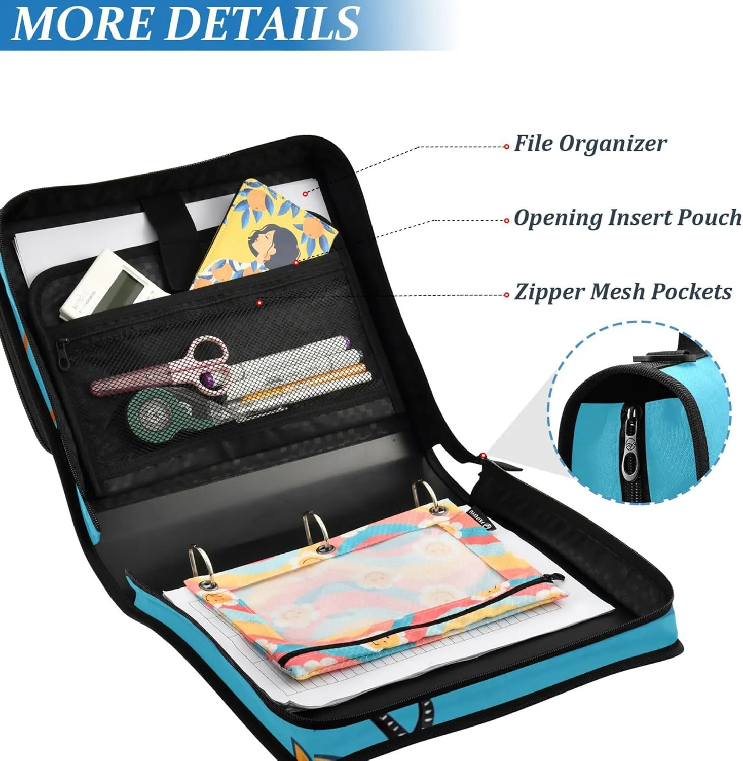 1.5-Inch 3-Rings Zipper Binder Organizer with Handle and Removable Shoulder Strap Multi-Pocket School Supplies Organizer for Office School Cartoon Antelope Blue