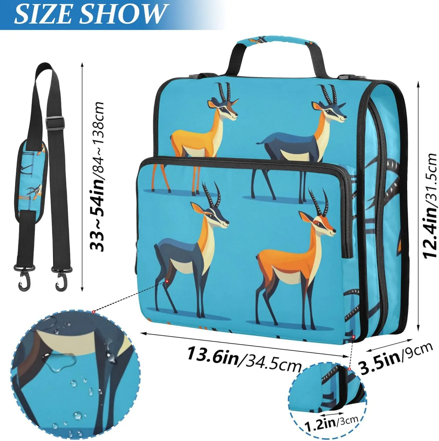 1.5-Inch 3-Rings Zipper Binder Organizer with Handle and Removable Shoulder Strap Multi-Pocket School Supplies Organizer for Office School Cartoon Antelope Blue