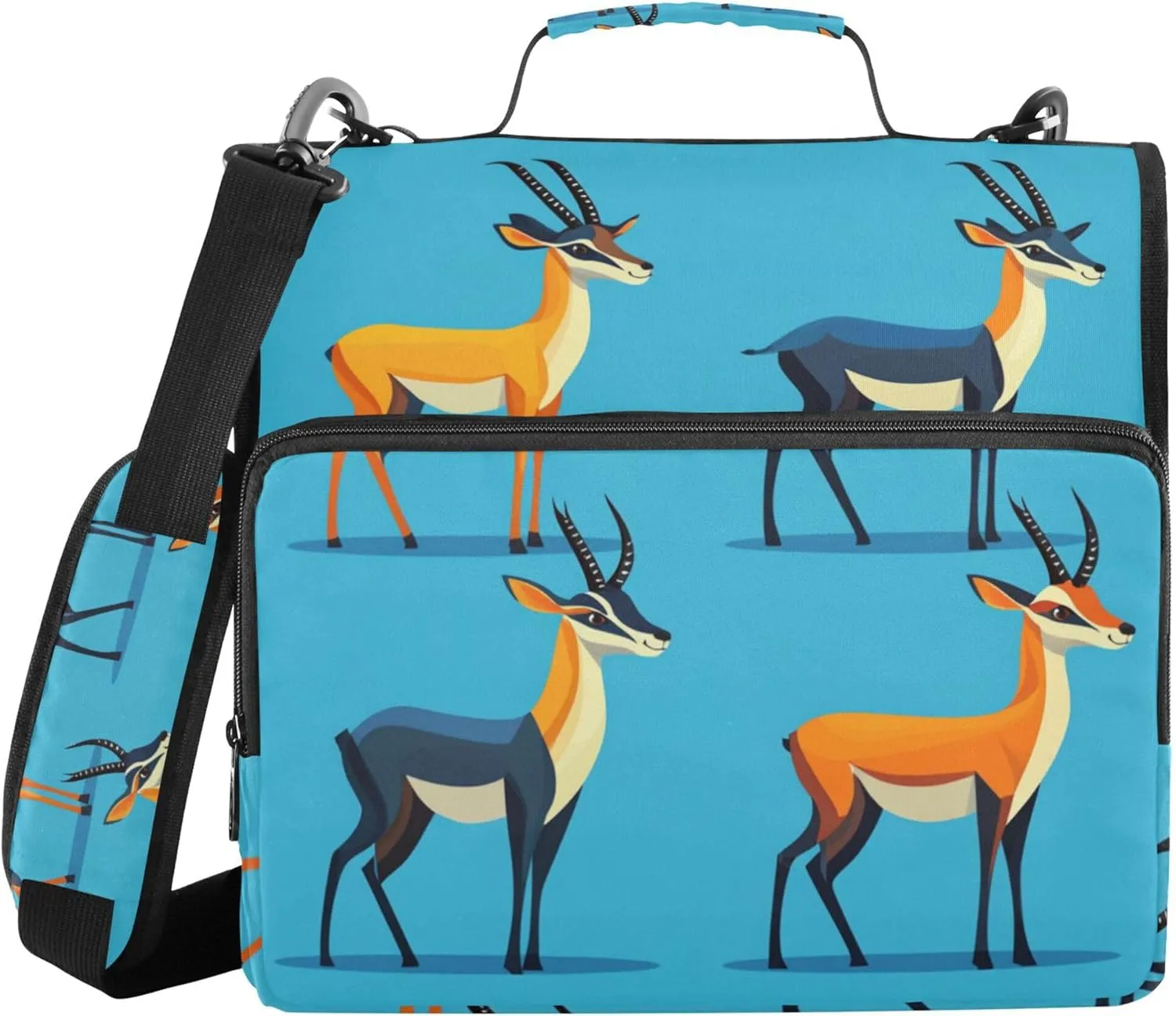 1.5-Inch 3-Rings Zipper Binder Organizer with Handle and Removable Shoulder Strap Multi-Pocket School Supplies Organizer for Office School Cartoon Antelope Blue