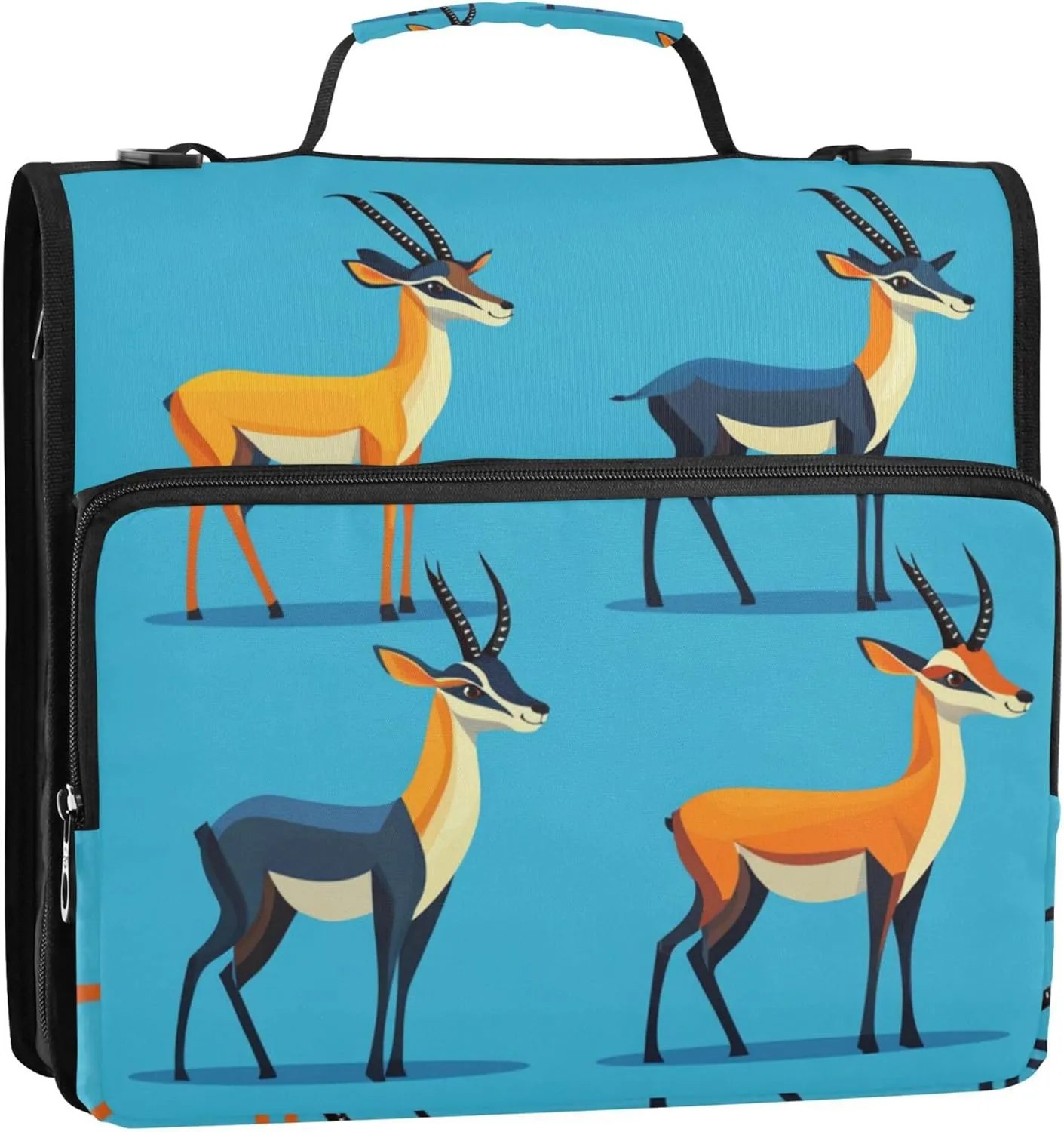 1.5-Inch 3-Rings Zipper Binder Organizer with Handle and Removable Shoulder Strap Multi-Pocket School Supplies Organizer for Office School Cartoon Antelope Blue