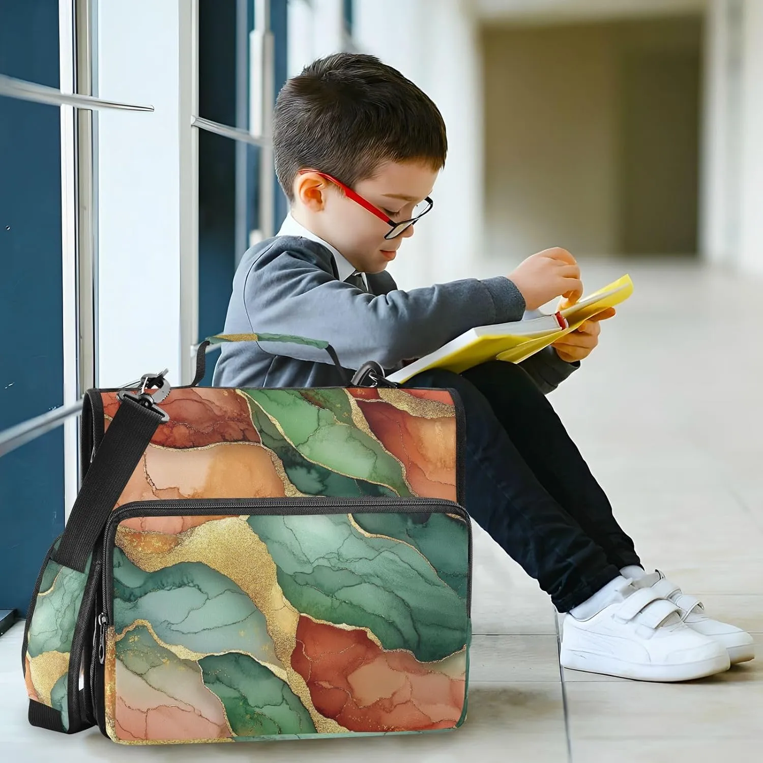 1.5-Inch 3-Rings Zipper Binder with Strap Easy to Carry School Binders Organizer for School Marble Terracotta Green