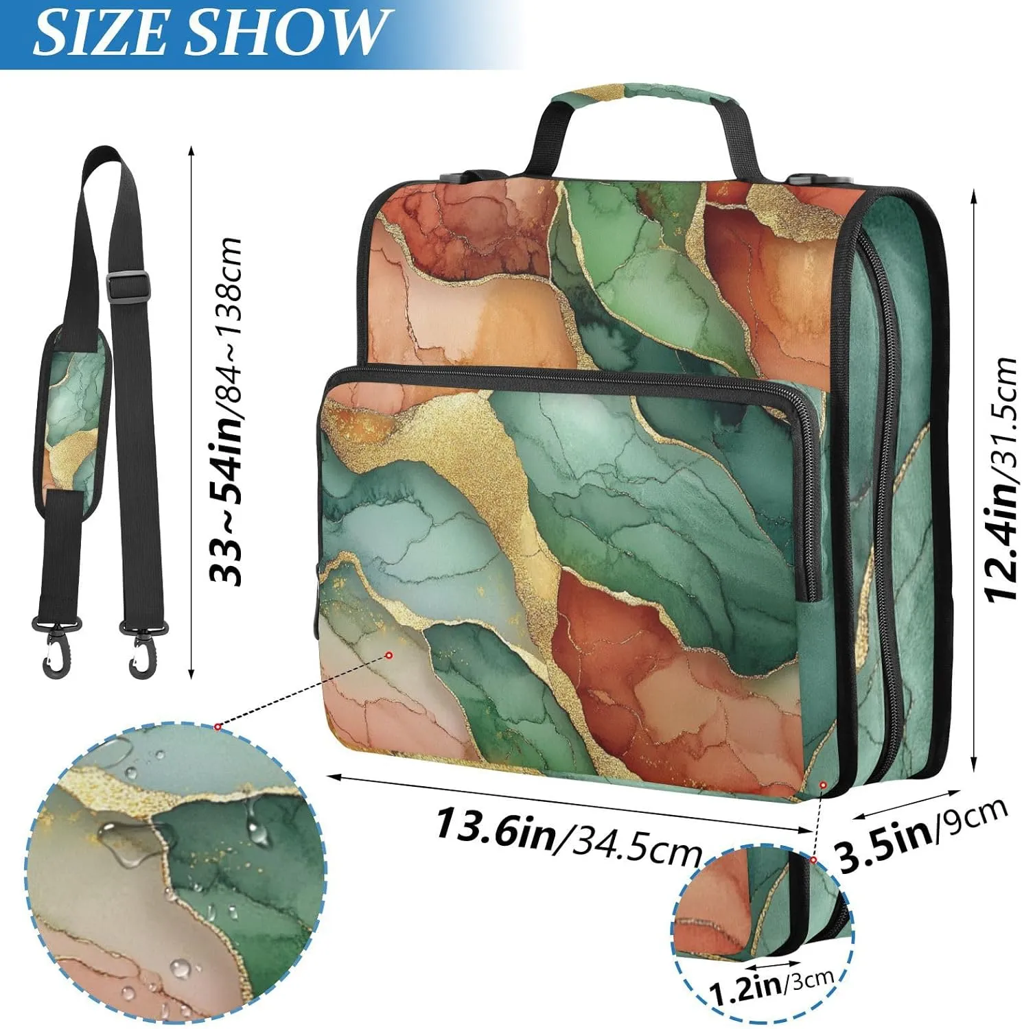 1.5-Inch 3-Rings Zipper Binder with Strap Easy to Carry School Binders Organizer for School Marble Terracotta Green