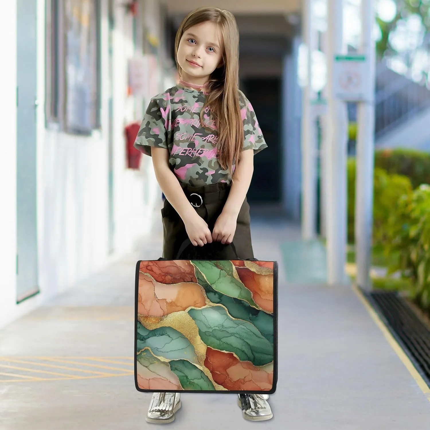 1.5-Inch 3-Rings Zipper Binder with Strap Easy to Carry School Binders Organizer for School Marble Terracotta Green