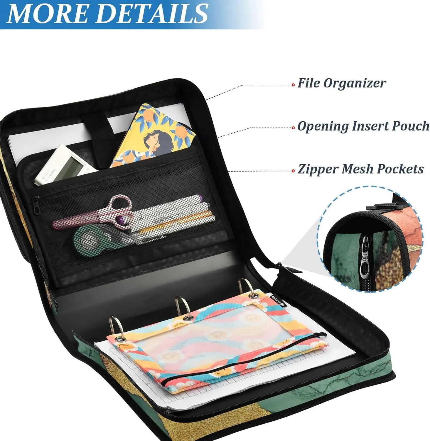 1.5-Inch 3-Rings Zipper Binder with Strap Easy to Carry School Binders Organizer for School Marble Terracotta Green