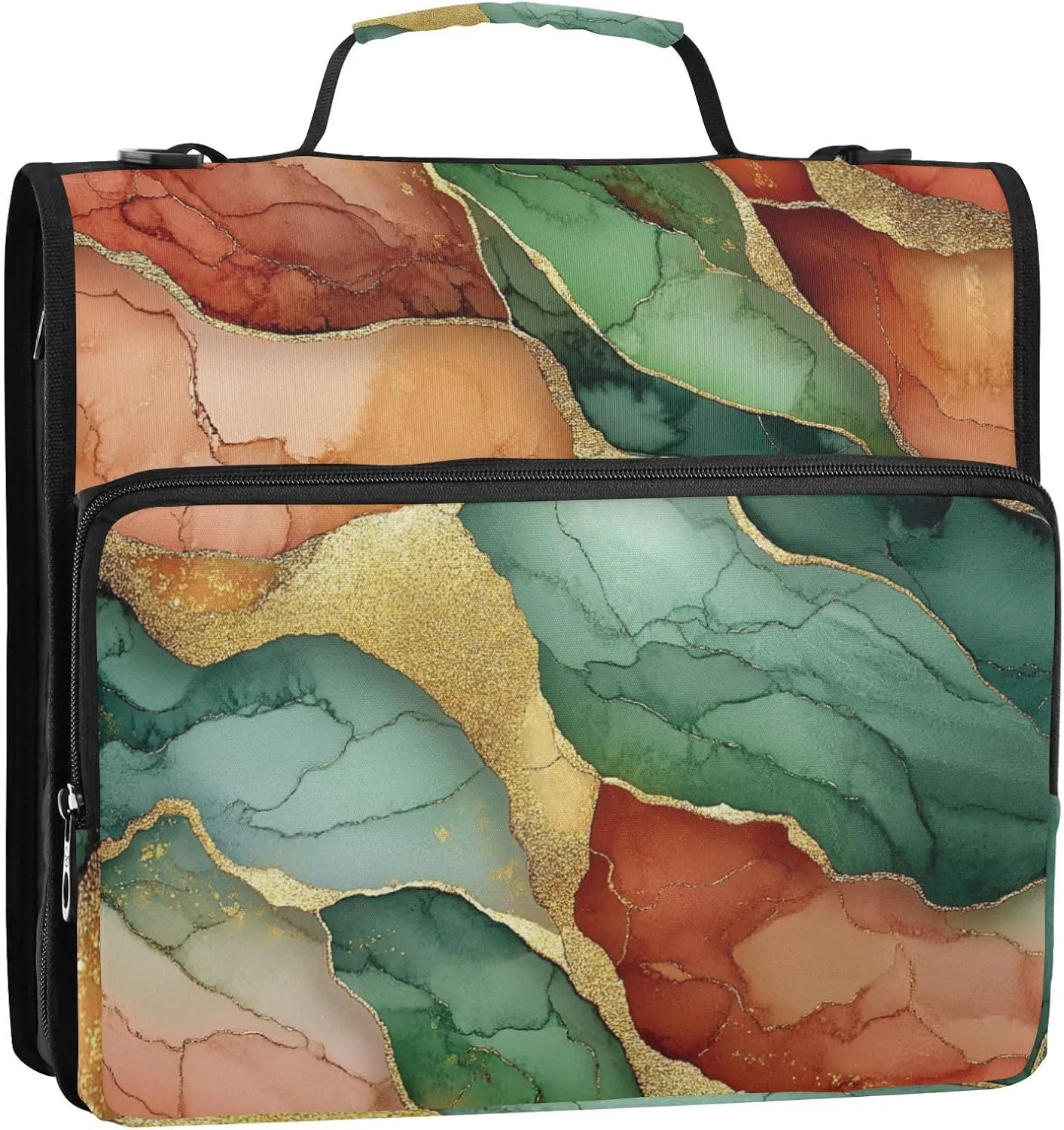 1.5-Inch 3-Rings Zipper Binder with Strap Easy to Carry School Binders Organizer for School Marble Terracotta Green