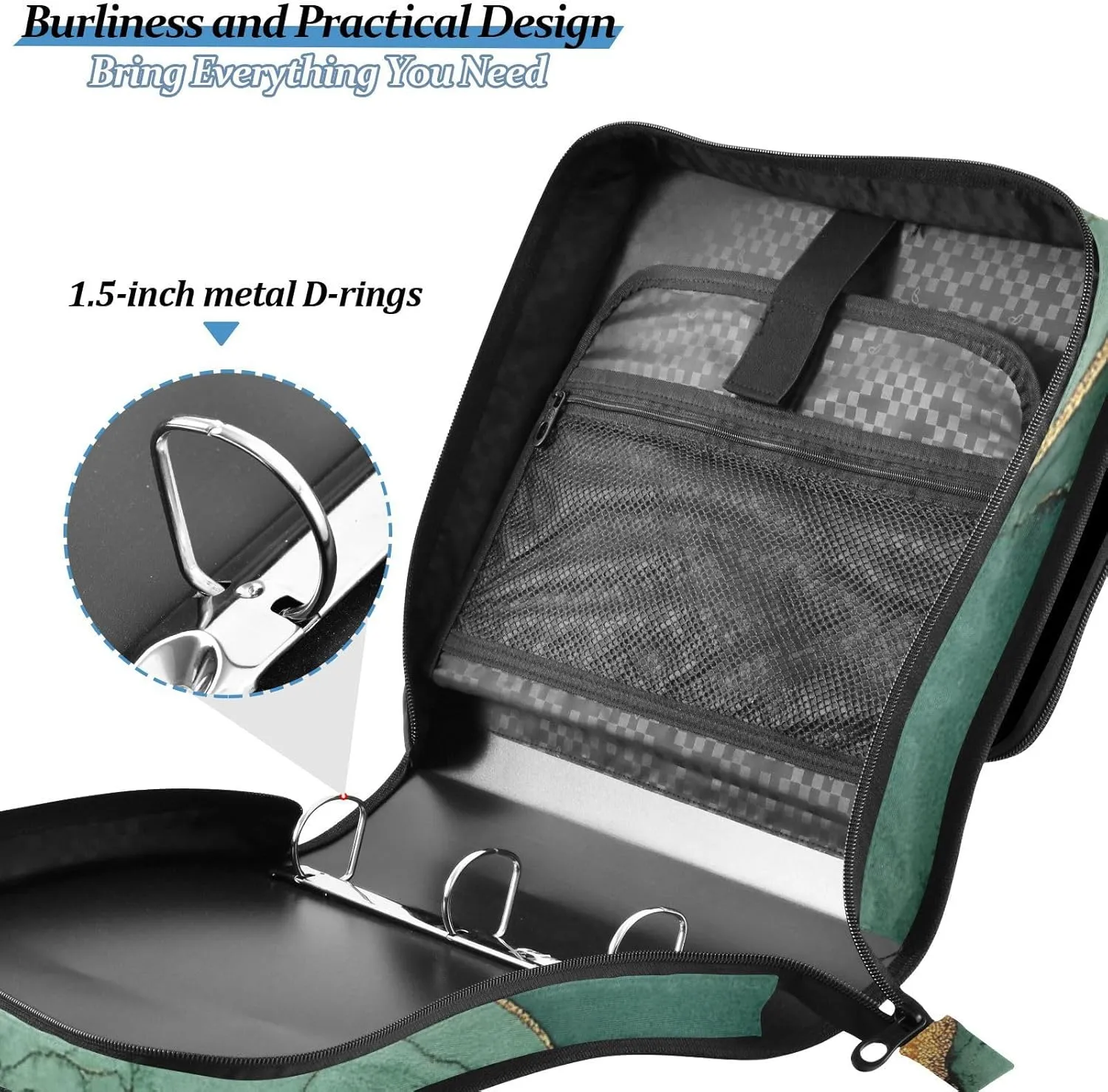 1.5-Inch 3-Rings Zipper Binder with Strap Easy to Carry School Binders Organizer for School Marble Terracotta Green