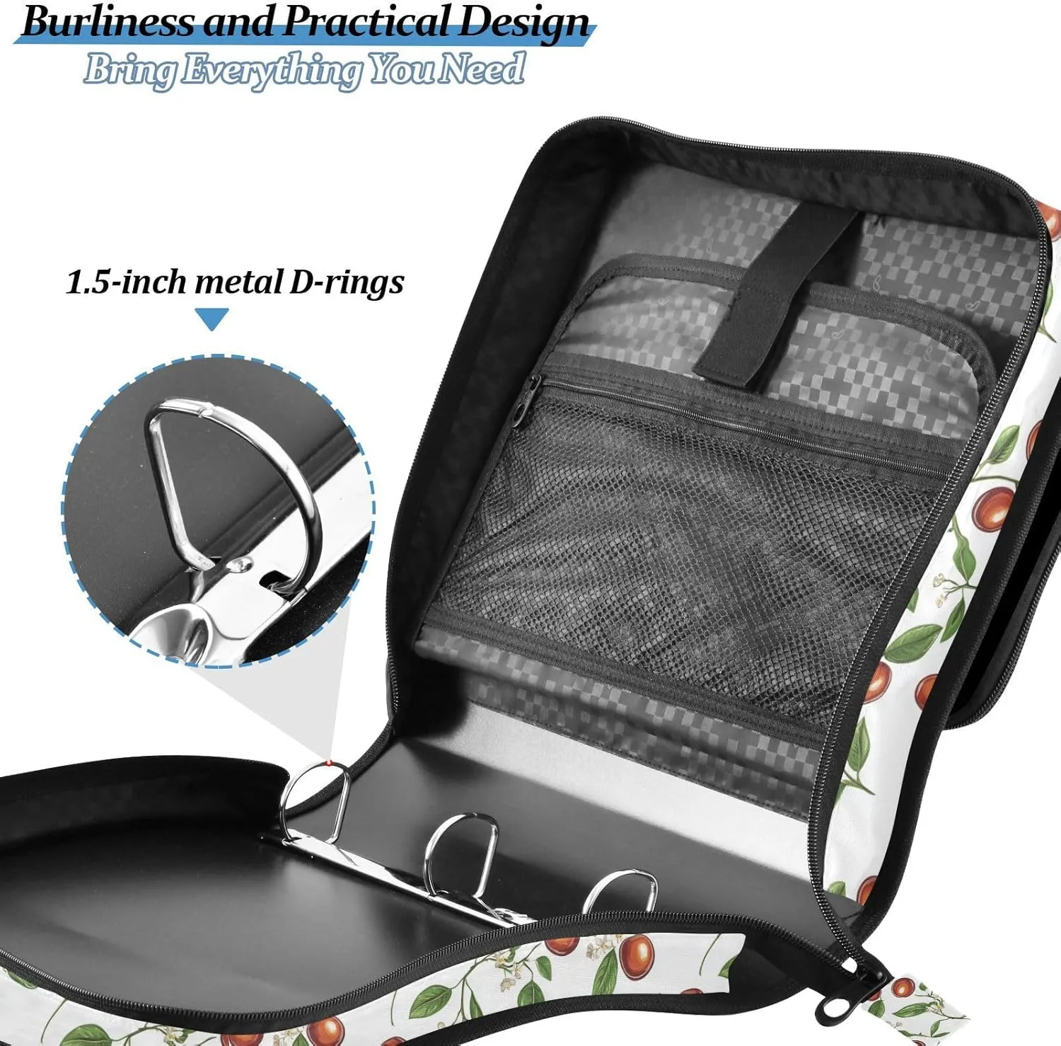 1.5 Inch 3 Rings Zippered Binder Bag with Shoulder Strap & Handle Waterproof School Supplies Organizer for School/Office Beauty Jujube Fruit