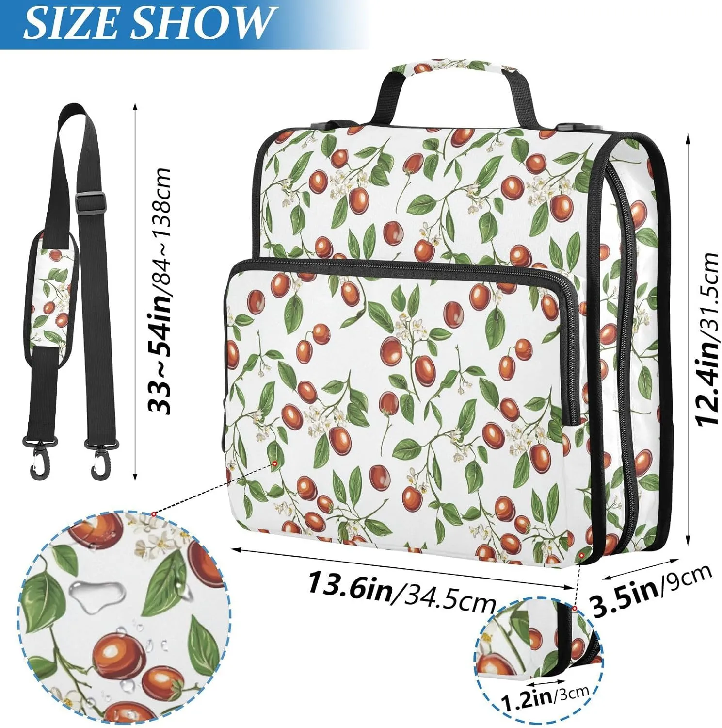 1.5 Inch 3 Rings Zippered Binder Bag with Shoulder Strap & Handle Waterproof School Supplies Organizer for School/Office Beauty Jujube Fruit
