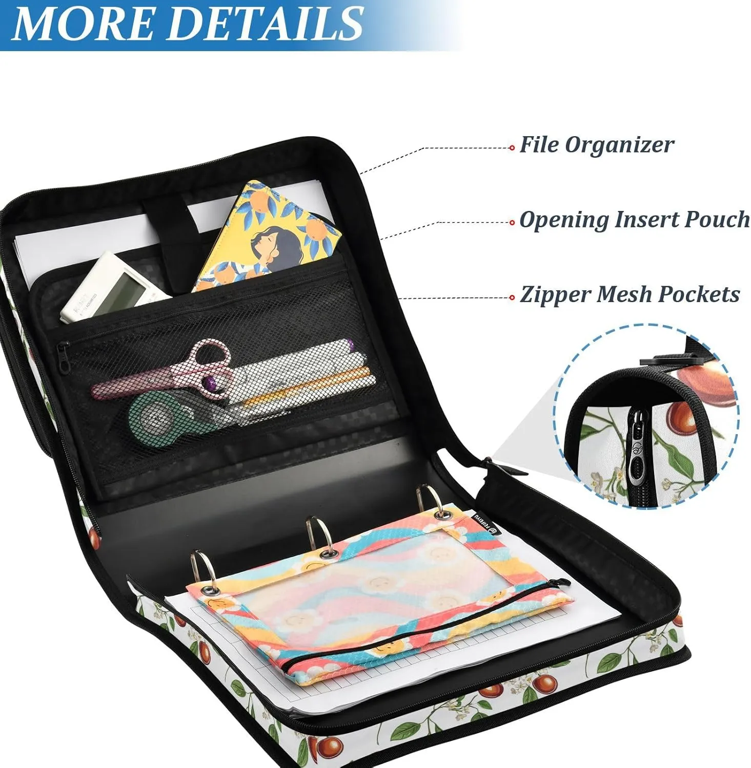 1.5 Inch 3 Rings Zippered Binder Bag with Shoulder Strap & Handle Waterproof School Supplies Organizer for School/Office Beauty Jujube Fruit