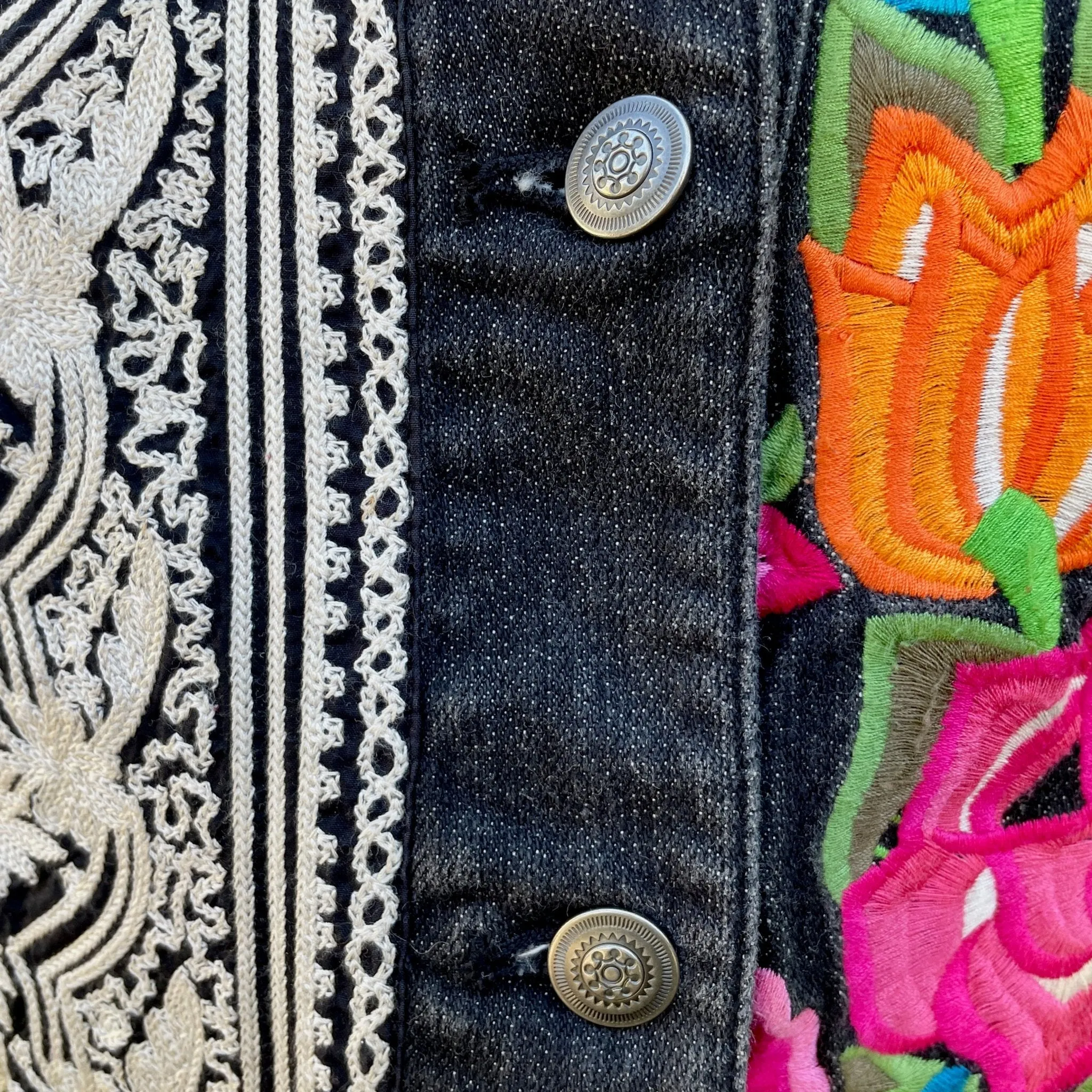 1990s Vintage Women's Black Embroidered Denim Vest Floral Paisley Sz XL - OOAK