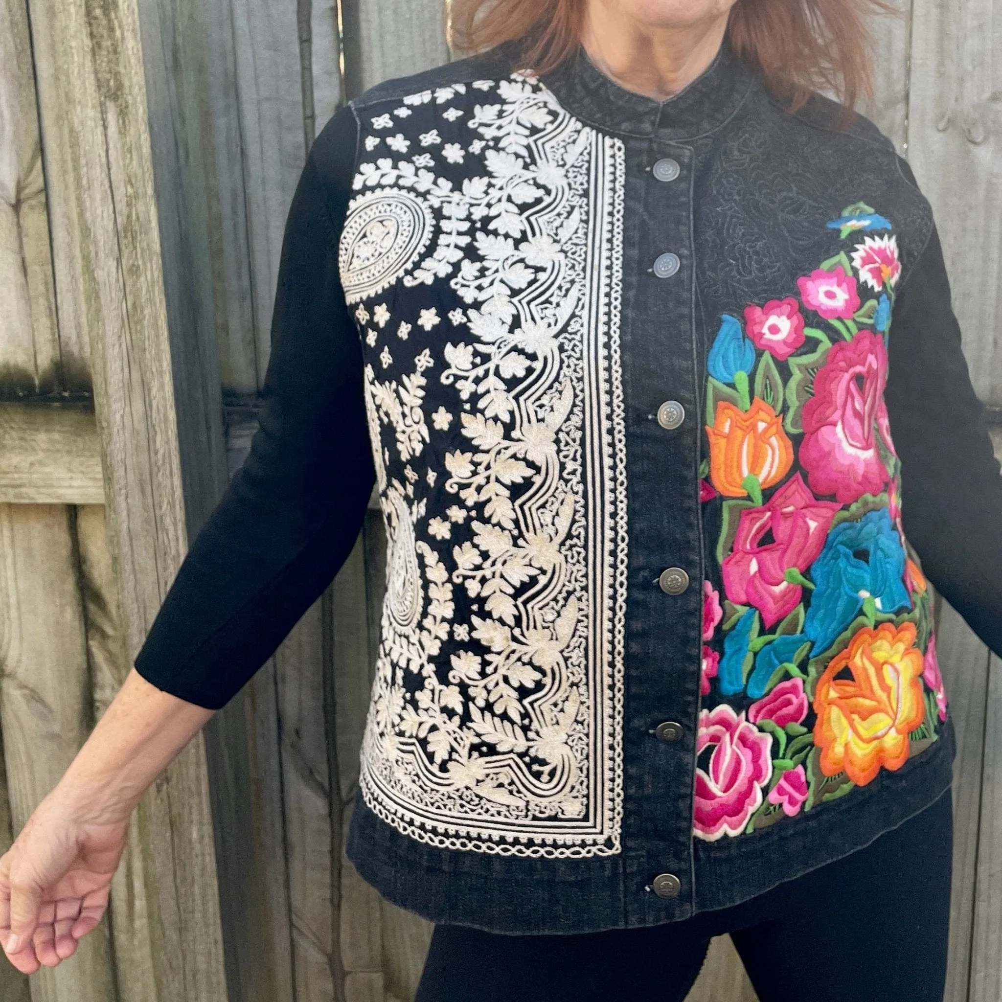 1990s Vintage Women's Black Embroidered Denim Vest Floral Paisley Sz XL - OOAK