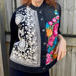 1990s Vintage Women's Black Embroidered Denim Vest Floral Paisley Sz XL - OOAK