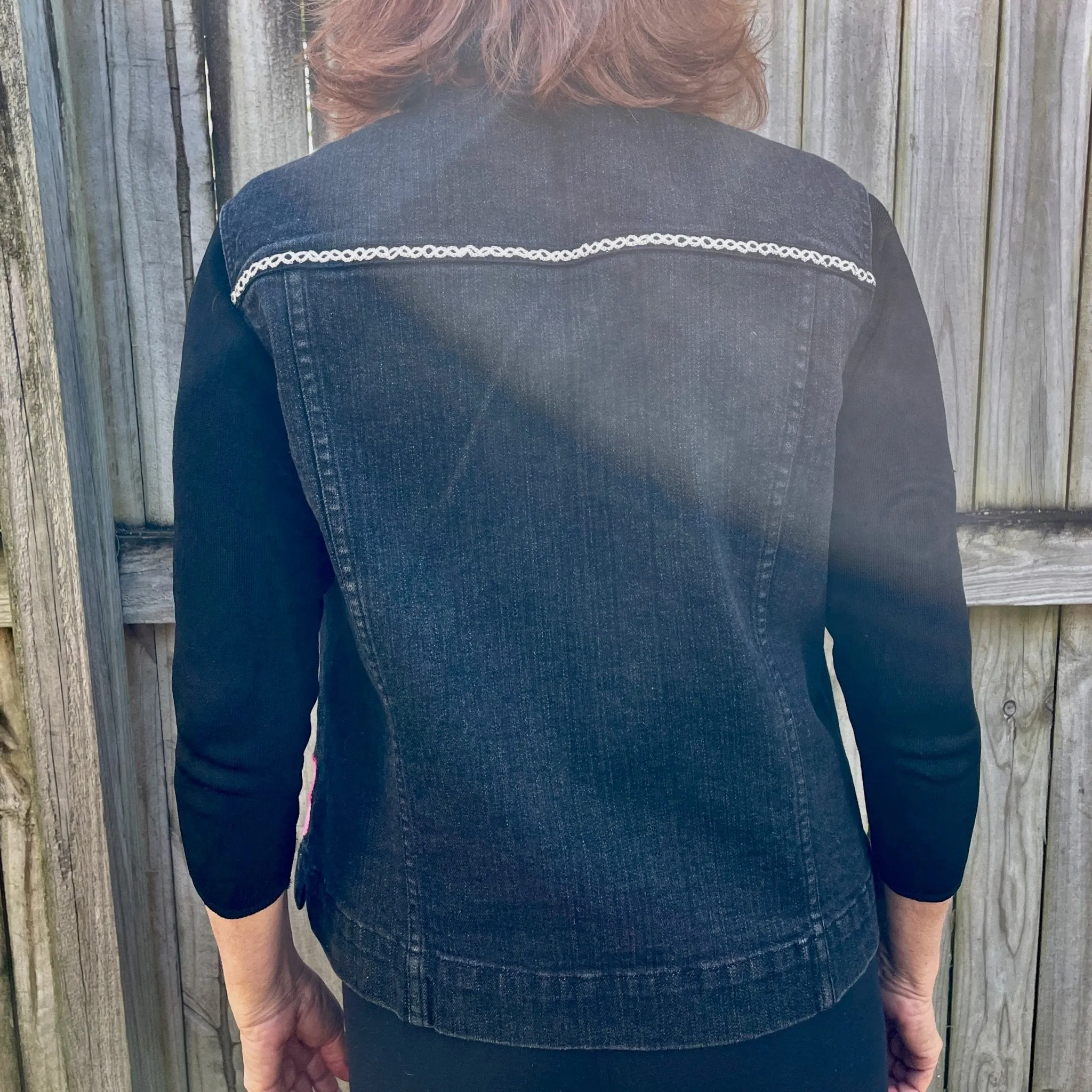 1990s Vintage Women's Black Embroidered Denim Vest Floral Paisley Sz XL - OOAK