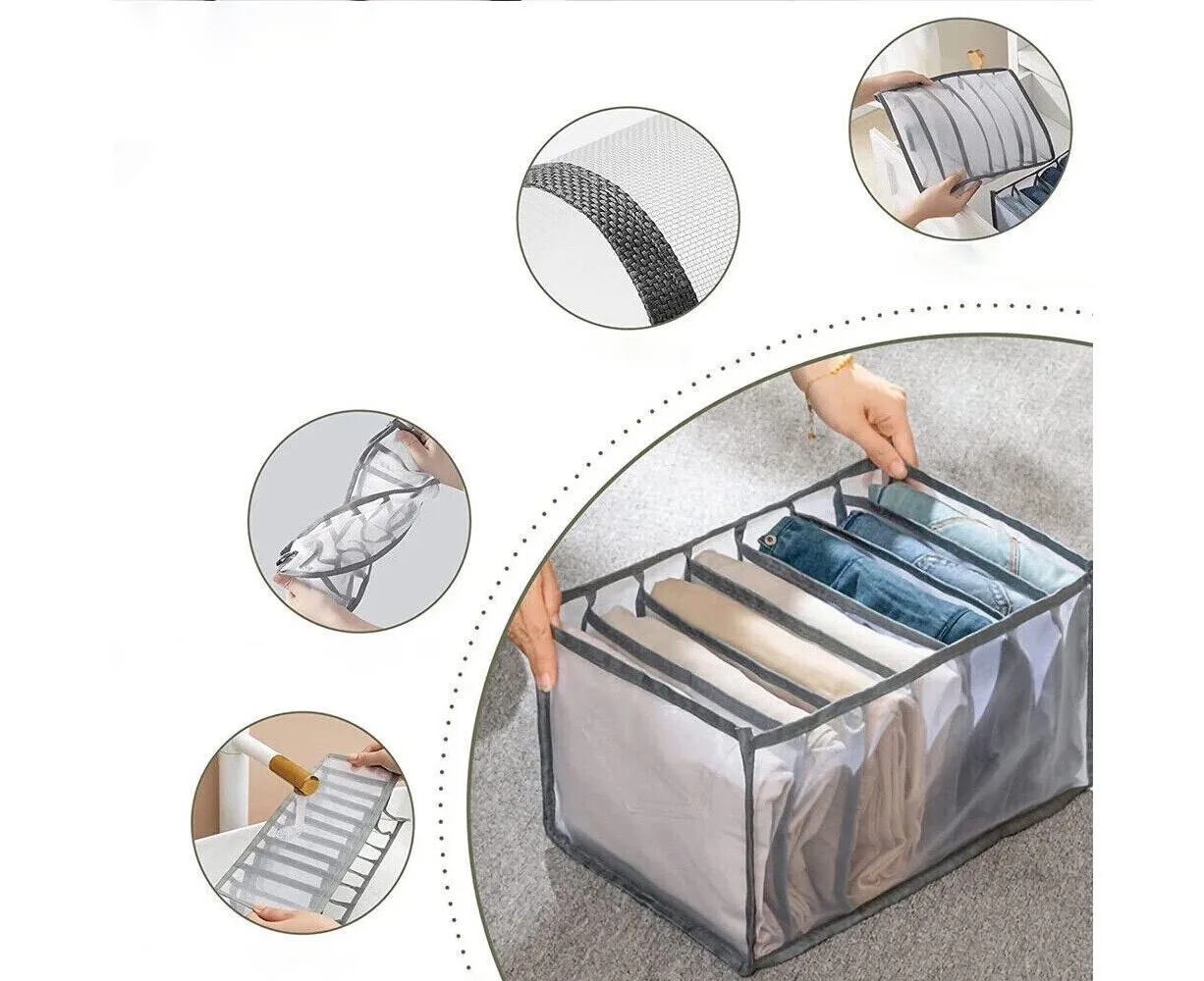 1pcs 7 Compartment Mesh Clothes Jeans Pants Organizer Wardrobe Organizer - Black