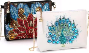 2 Pcs Diamond Painting Crossbody Bag, DIY 5D Diamond Painting Handbag Kit with Chain and Tassel, Bling Rhinestone Makeup Shoulder Bag for Woman, DIY Craft Gift, Peacock