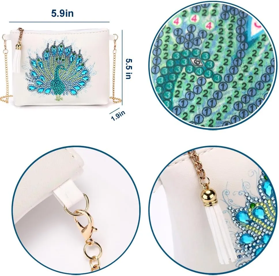 2 Pcs Diamond Painting Crossbody Bag, DIY 5D Diamond Painting Handbag Kit with Chain and Tassel, Bling Rhinestone Makeup Shoulder Bag for Woman, DIY Craft Gift, Peacock