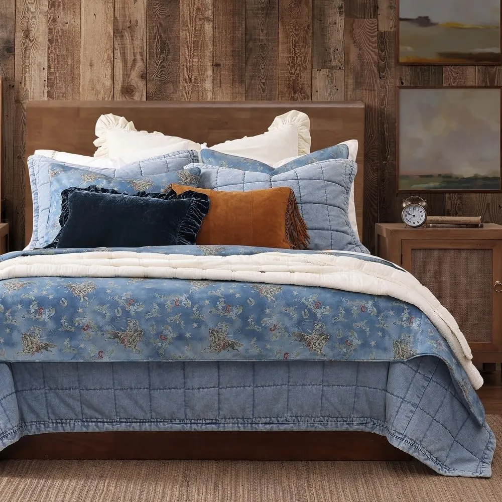 2-Piece Southwestern Style Polyester Cotton Comforter Set Twin Size | Polo Plaid Iconic Tasha Polizzi Graphic Print Pattern Western Bedding | Reversible Unique Cozy Denim Blue Color Spirited Design