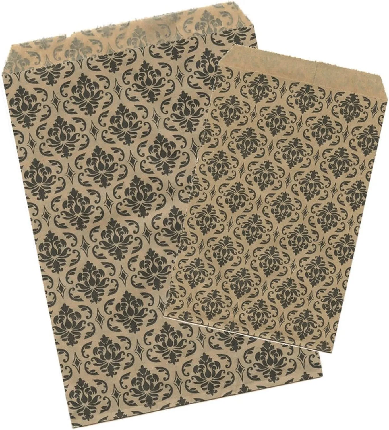 200 pcs Damask Paper Gift Bags Shopping Sales Tote Bags Brown with Black Damask Print Design (5" x 7")