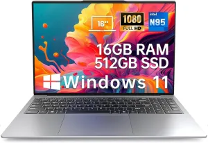 2025 Latest 16'' Laptop 1080p FHD Display, 512GB SSD 16GB RAM, 12th Intel Processor N95(Max 3.4GHz), Windows 11, Backlit Keyboard, 8000mAh Battery, Fingerprint, USB 3.2, WiFi5, Type-C, HDMI, Webcam