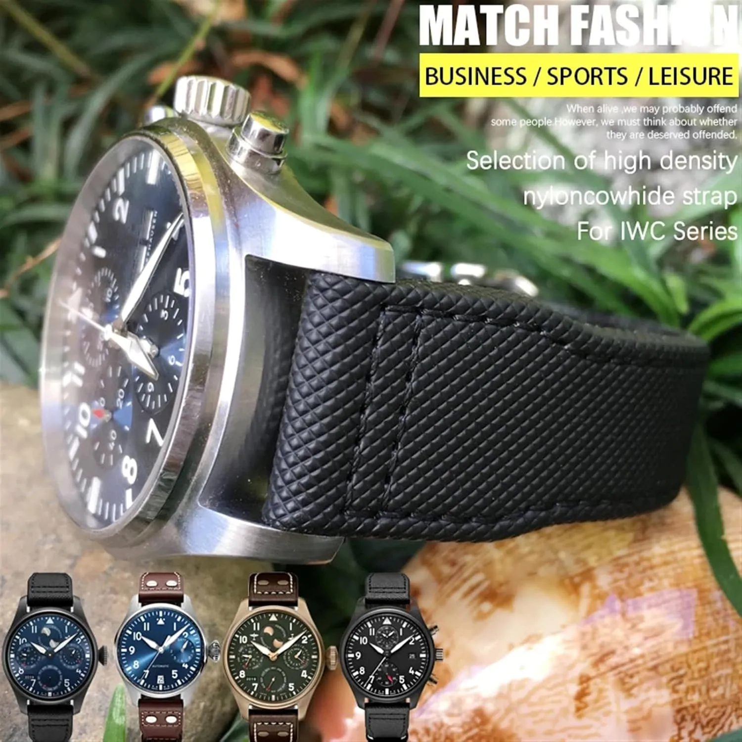 20mm 21mm 22mm High Density Nylon Calfskin Watchbands Fit for IWC Big PILOT IW5009 IW3880 Leather Watch Strap Black Wristband