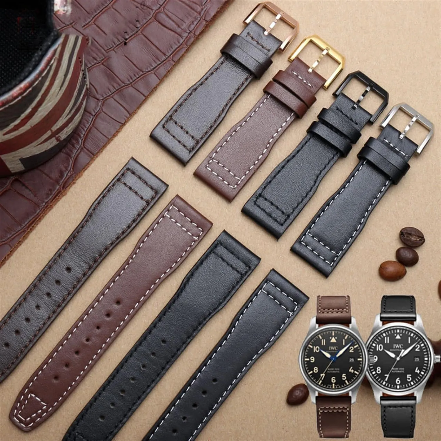 20mm 21mm Brown Black Men Watchband For IWC Pilot Mark XVIII IW327004 IW377714 Watch Strap Calf Genuine Leather Bracelet