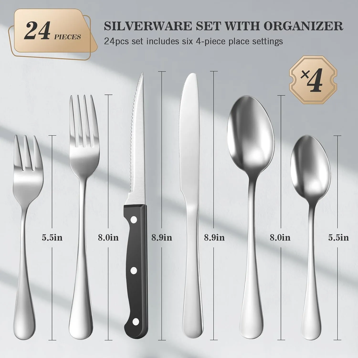 24-Piece Silverware Set with Organizer，Premium Stainless Steel Flatware Cutlery Tableware Set for 4，Includes 6-Compartment Silverware Tray with Cutlery Icons，Tableware Set with Steak Knives