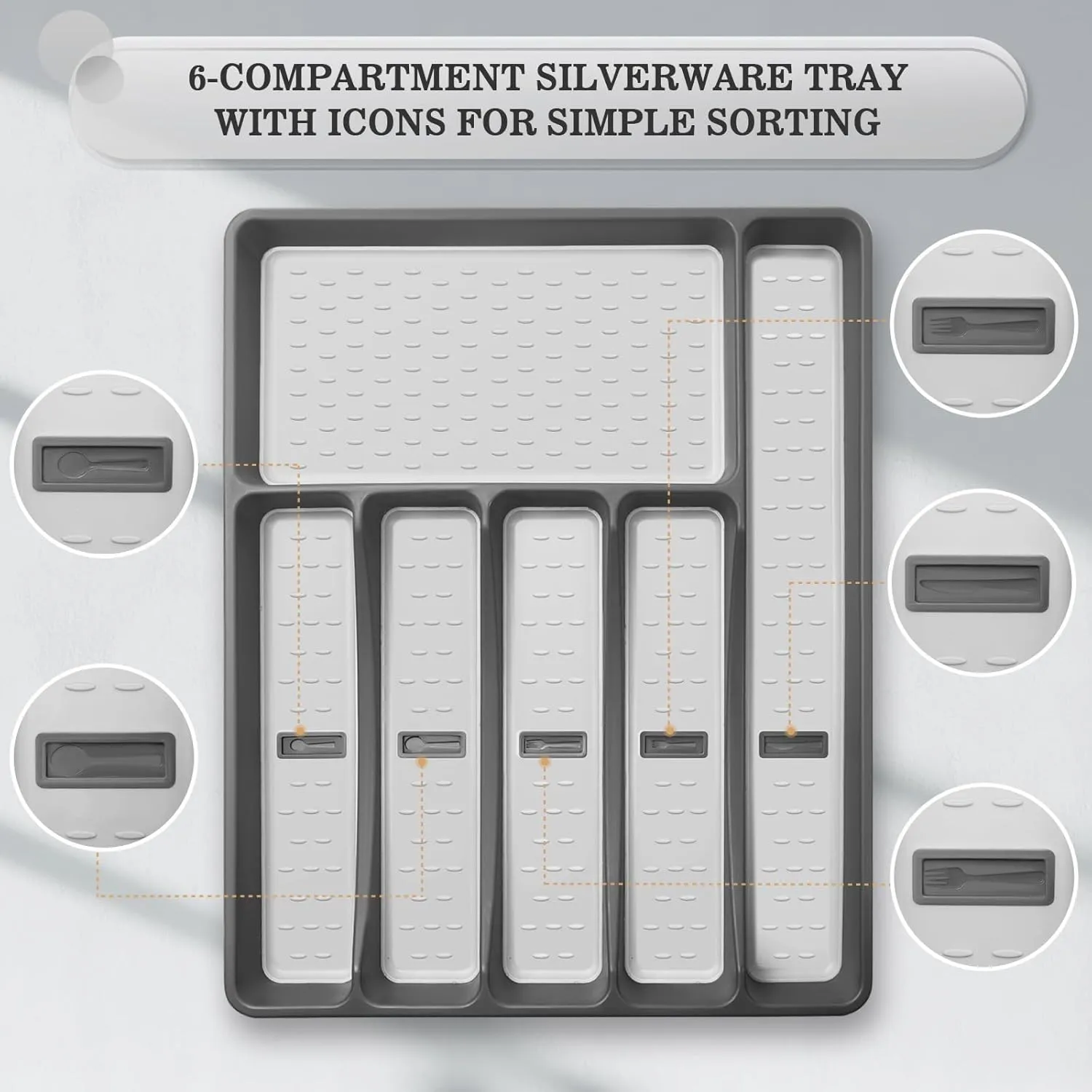 24-Piece Silverware Set with Organizer，Premium Stainless Steel Flatware Cutlery Tableware Set for 4，Includes 6-Compartment Silverware Tray with Cutlery Icons，Tableware Set with Steak Knives