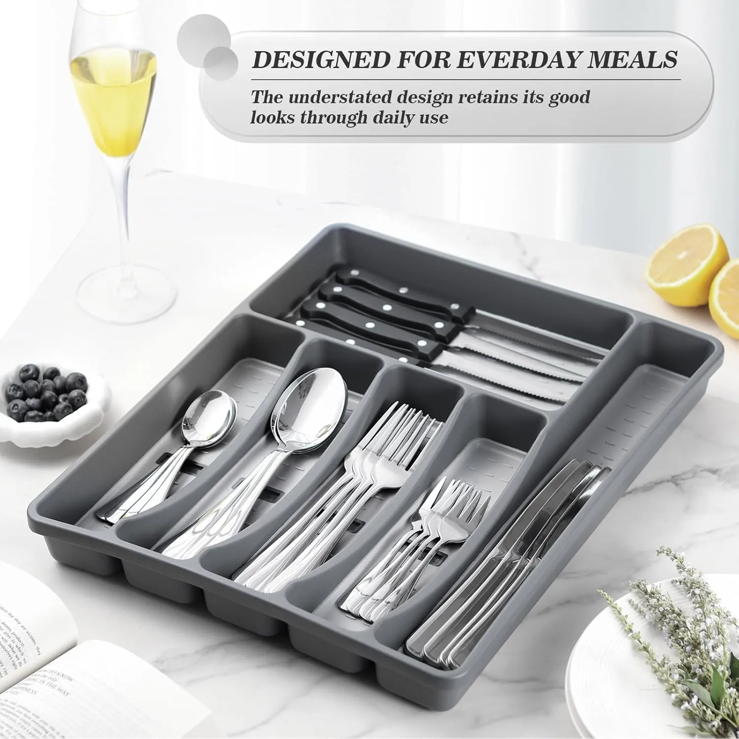 24-Piece Silverware Set with Organizer，Premium Stainless Steel Flatware Cutlery Tableware Set for 4，Includes 6-Compartment Silverware Tray with Cutlery Icons，Tableware Set with Steak Knives