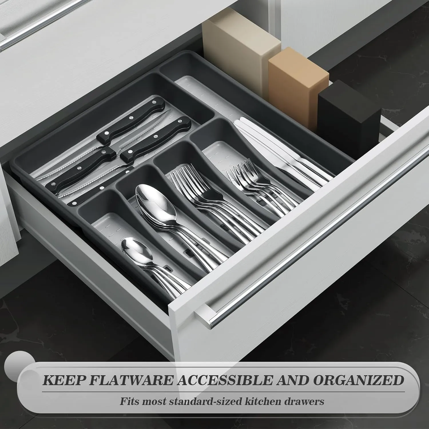 24-Piece Silverware Set with Organizer，Premium Stainless Steel Flatware Cutlery Tableware Set for 4，Includes 6-Compartment Silverware Tray with Cutlery Icons，Tableware Set with Steak Knives