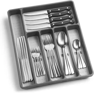 24-Piece Silverware Set with Organizer，Premium Stainless Steel Flatware Cutlery Tableware Set for 4，Includes 6-Compartment Silverware Tray with Cutlery Icons，Tableware Set with Steak Knives