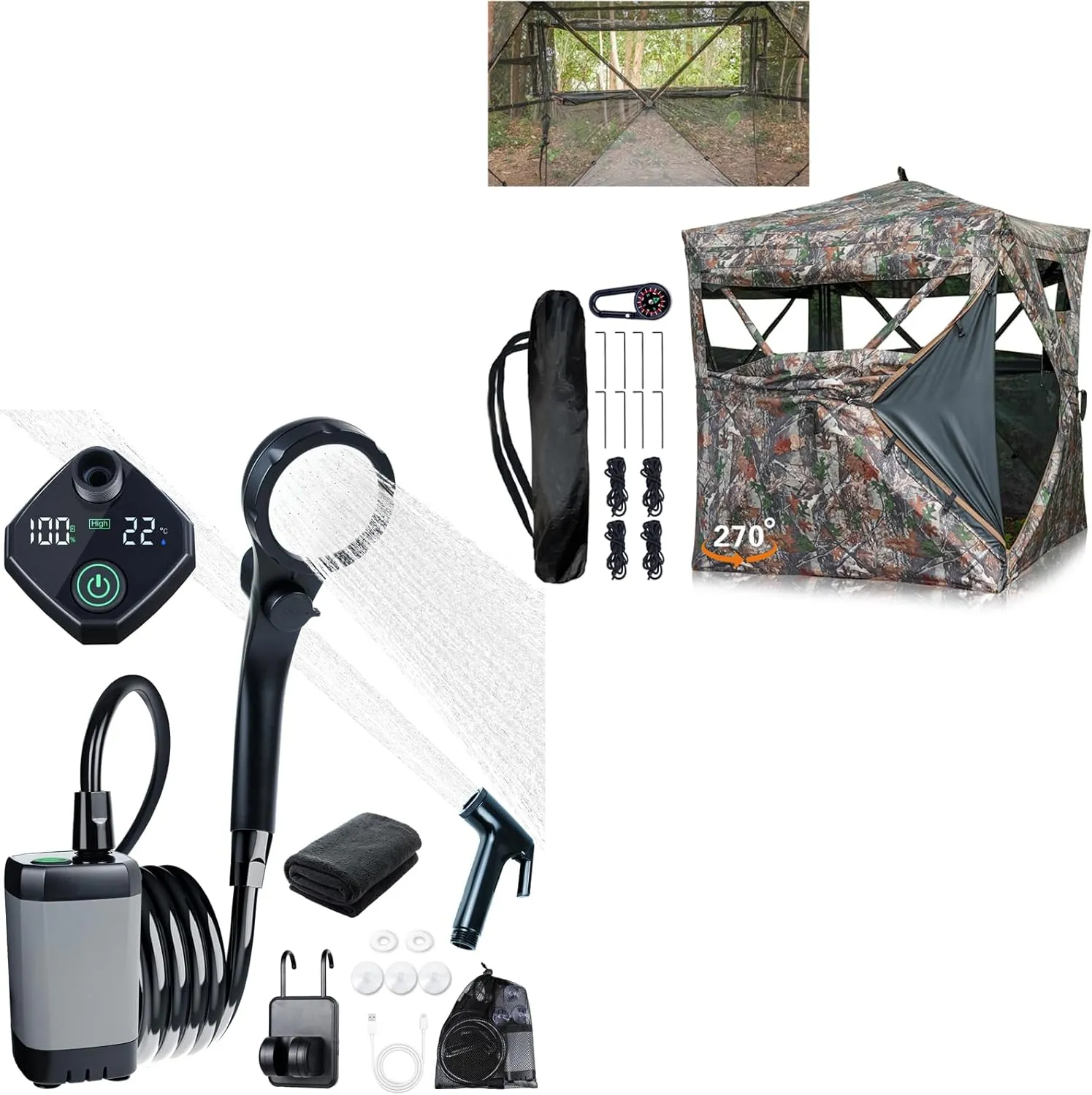 270° Hunting Blind & Portable Shower Combo–Ultimate Wilderness Survival Kit for Camping, Hunting Expeditions|All-in-One OutdoorGear Bundle(270°Hunting Blind for Turkey Hunting 6000mAh Portable Shower)