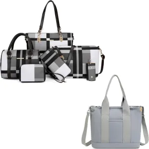 2E-youth Purses and Handbags for Women Faux Leather and Canvas Tote Bag Set
