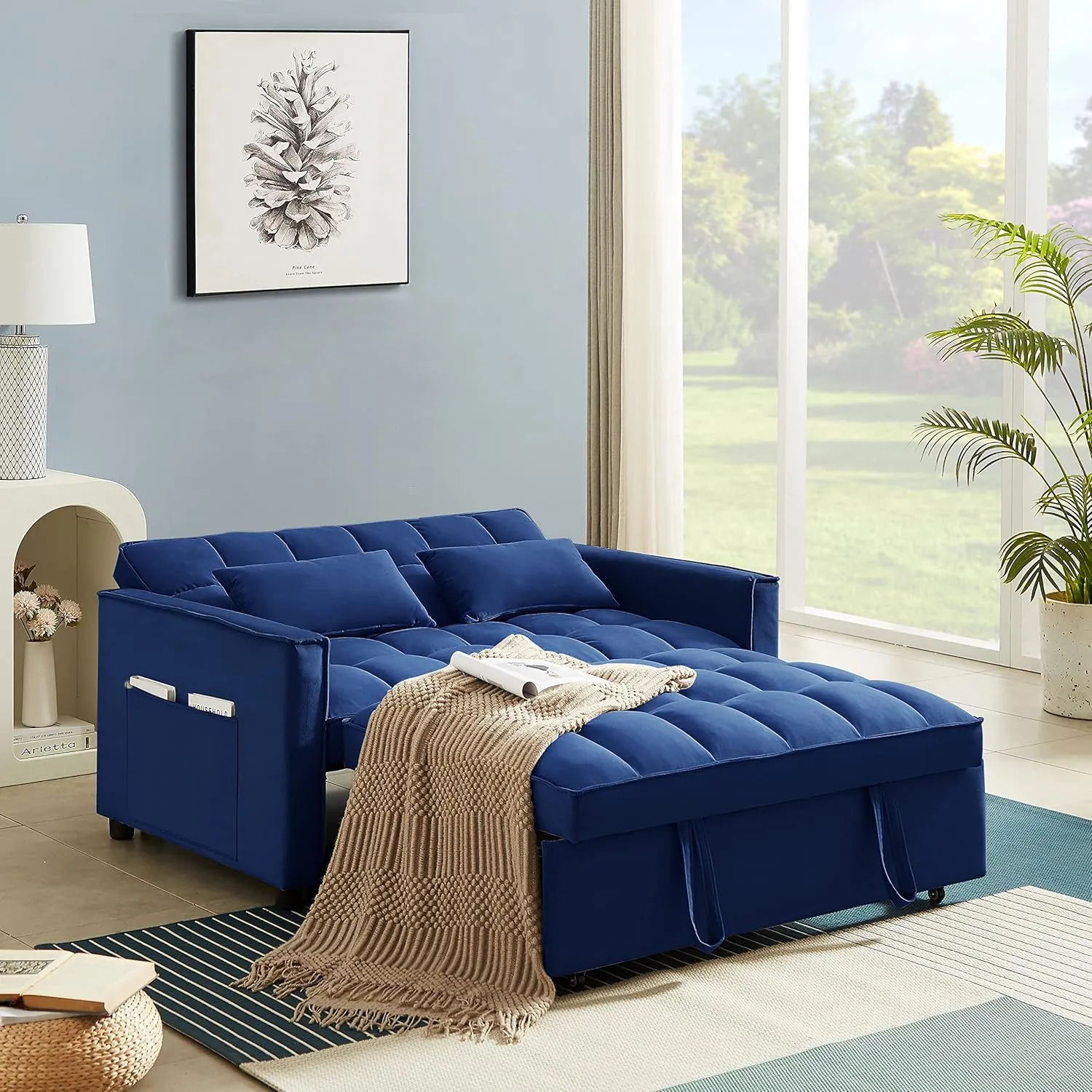 3 in 1 Convertible Sleeper Sofabed ,Modern Velvet Upholstered Loveseat Sofa Convertible with Pull Out Sleeper Couch Bed and Side Storage Pockets for Home,Office,Apartment,RV Living Room Furniture