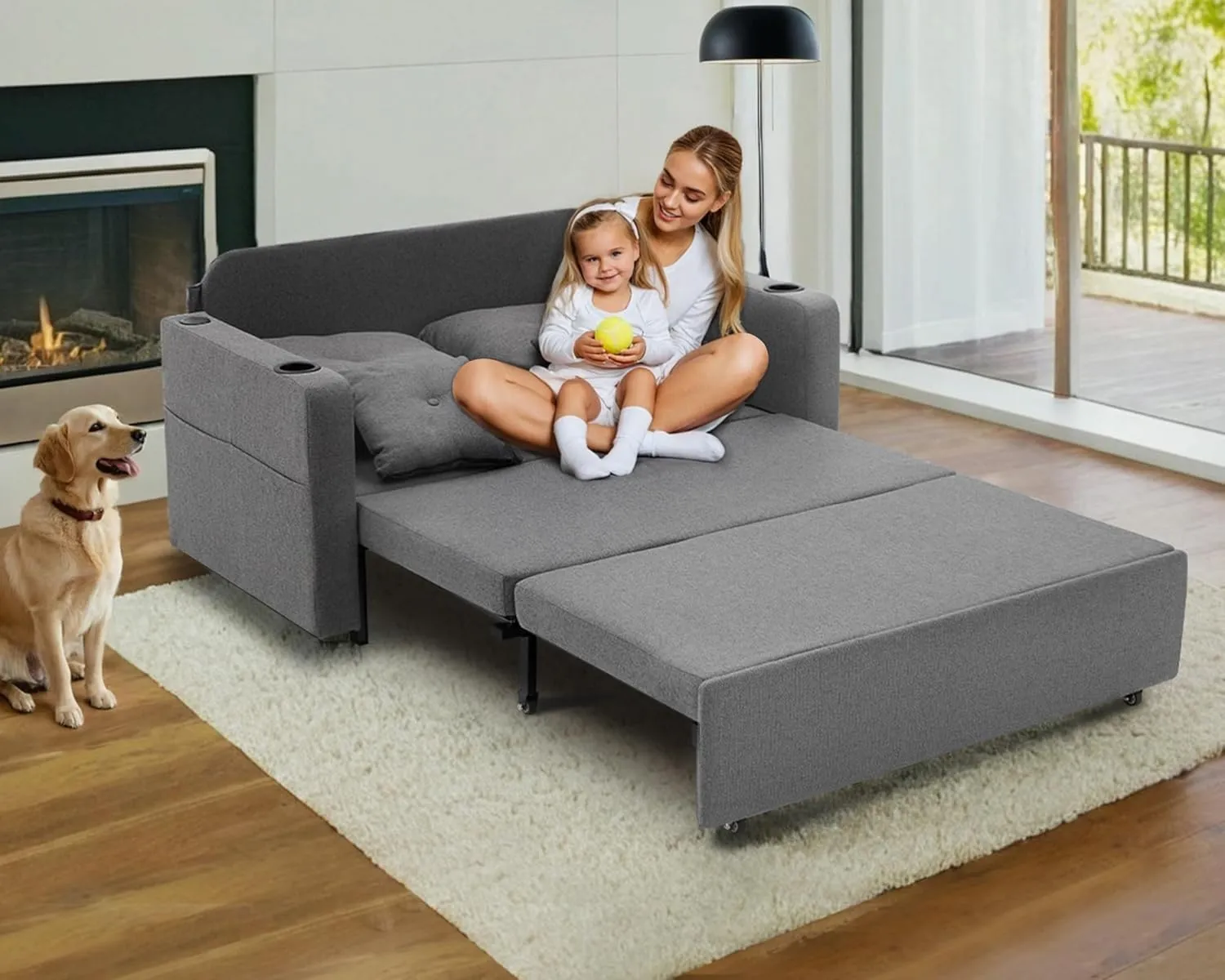 3 in 1 Pull Out Couch, 56 Inch Convertible Sleeper Sofa Bed, Loveseat Sofa with Cup Holders, USB, Sofa Couches for Living Room, Bedroom, Apartment, Grey