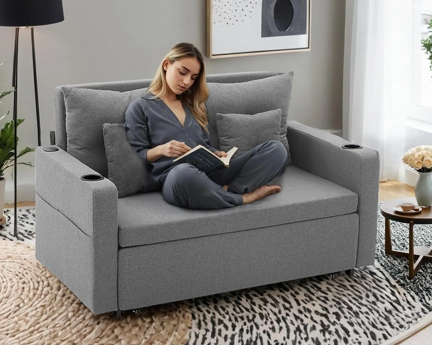 3 in 1 Pull Out Couch, 56 Inch Convertible Sleeper Sofa Bed, Loveseat Sofa with Cup Holders, USB, Sofa Couches for Living Room, Bedroom, Apartment, Grey