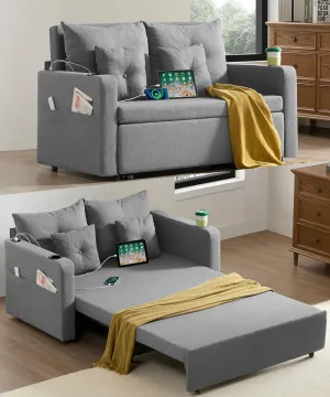 3 in 1 Pull Out Couch, 56 Inch Convertible Sleeper Sofa Bed, Loveseat Sofa with Cup Holders, USB, Sofa Couches for Living Room, Bedroom, Apartment, Grey