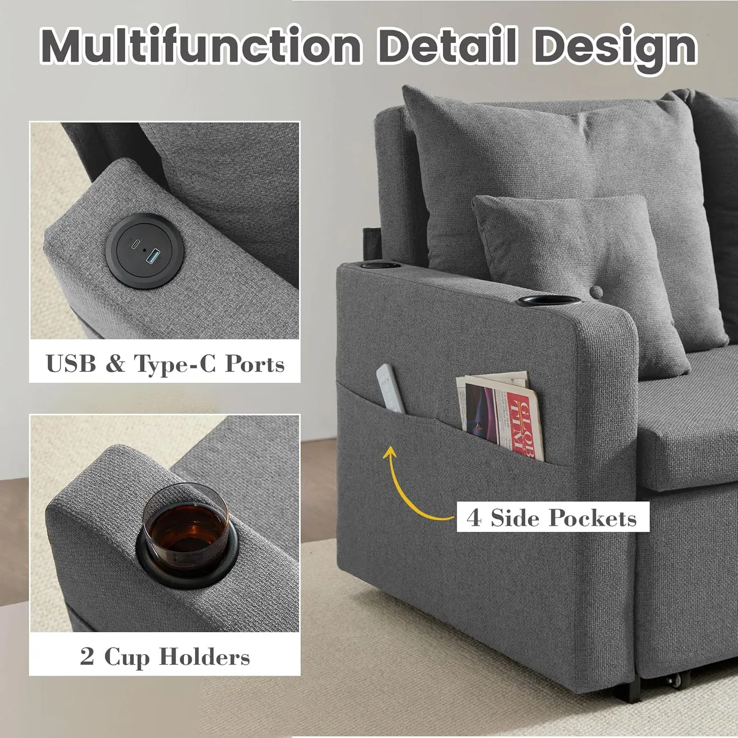 3 in 1 Pull Out Couch, 56 Inch Convertible Sleeper Sofa Bed, Loveseat Sofa with Cup Holders, USB, Sofa Couches for Living Room, Bedroom, Apartment, Grey