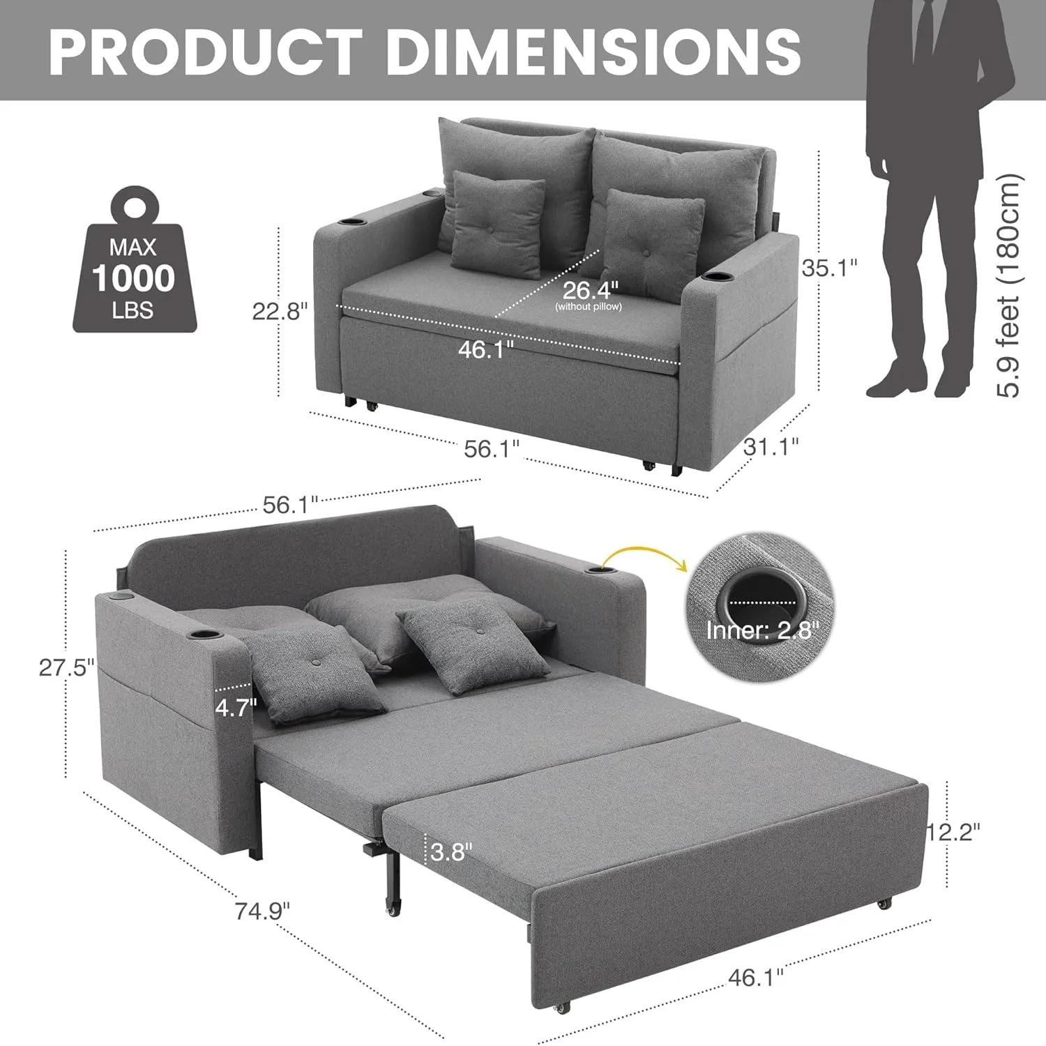 3 in 1 Pull Out Couch, 56 Inch Convertible Sleeper Sofa Bed, Loveseat Sofa with Cup Holders, USB, Sofa Couches for Living Room, Bedroom, Apartment, Grey