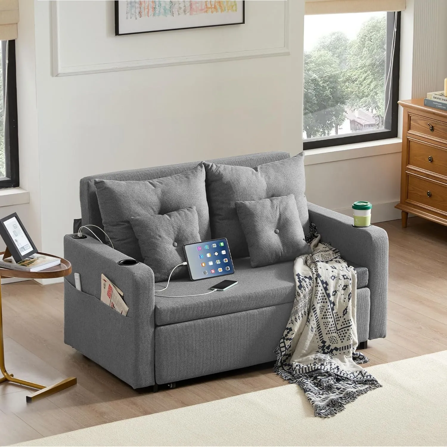 3 in 1 Pull Out Couch, 56 Inch Convertible Sleeper Sofa Bed, Loveseat Sofa with Cup Holders, USB, Sofa Couches for Living Room, Bedroom, Apartment, Grey