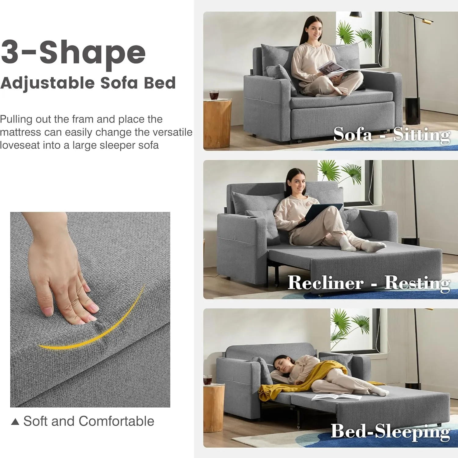 3 in 1 Pull Out Couch, 56 Inch Convertible Sleeper Sofa Bed, Loveseat Sofa with Cup Holders, USB, Sofa Couches for Living Room, Bedroom, Apartment, Grey
