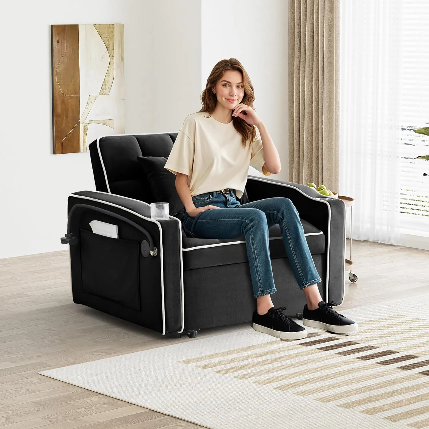 3 in 1 Single Sleeper Sofa Chair with Pullout Bed, Convertible Pull Out Couch with Adjustable Backrest, Modern Chaise Lounge with USB Port for Living Room, Small Spaces, Dark Black Velvet