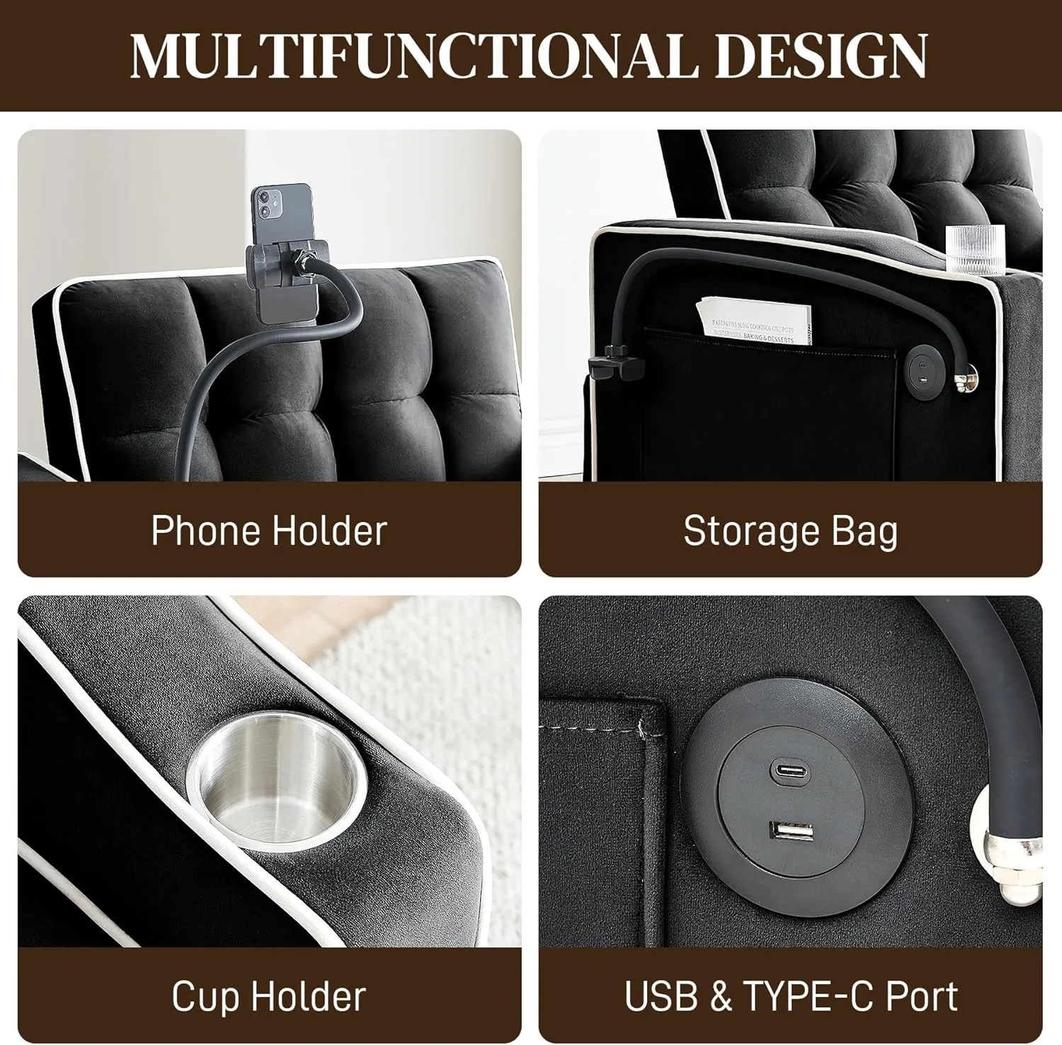 3 in 1 Single Sleeper Sofa Chair with Pullout Bed, Convertible Pull Out Couch with Adjustable Backrest, Modern Chaise Lounge with USB Port for Living Room, Small Spaces, Dark Black Velvet